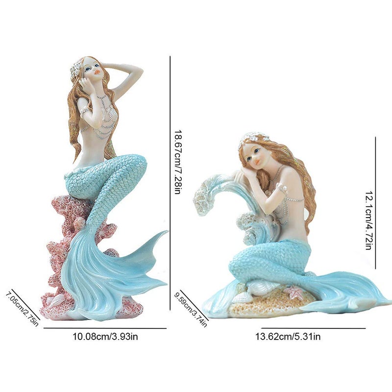 Rayberro Blue Mermaid Figurines 7.28" Resin Mermaid Sculpture Mediterranean Princess Ornaments Home Office Desktop Bookshelf Mermaid Collectible Figurines Crafts Fish Tank Aquarium Decoration - Image 2